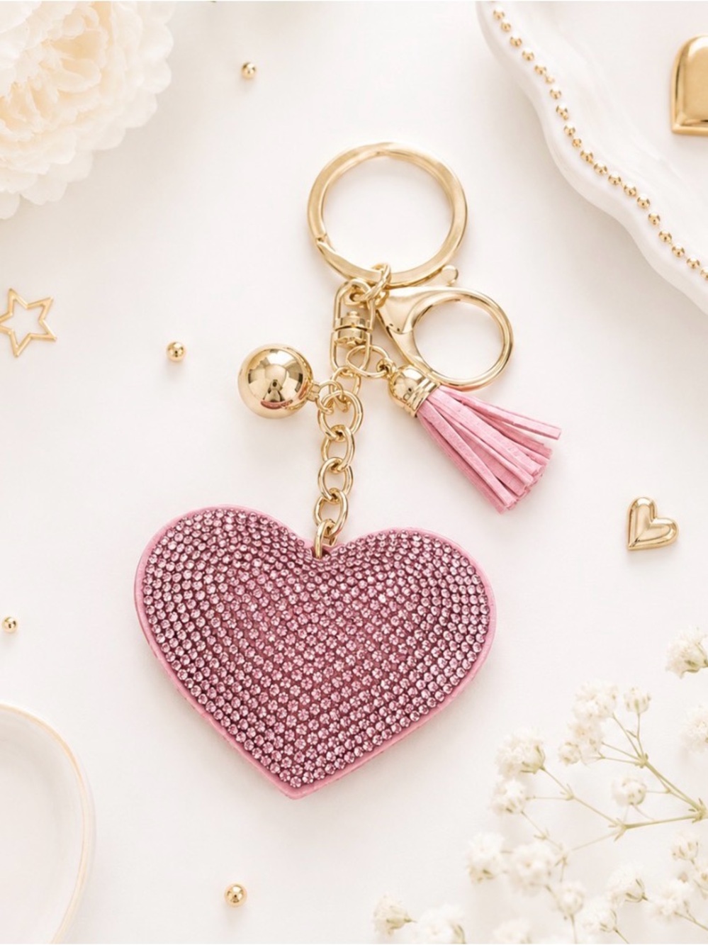 Bag Charm/Keyring-Pink Heart Rhinestone Charm with Tassel-Gold Hardware